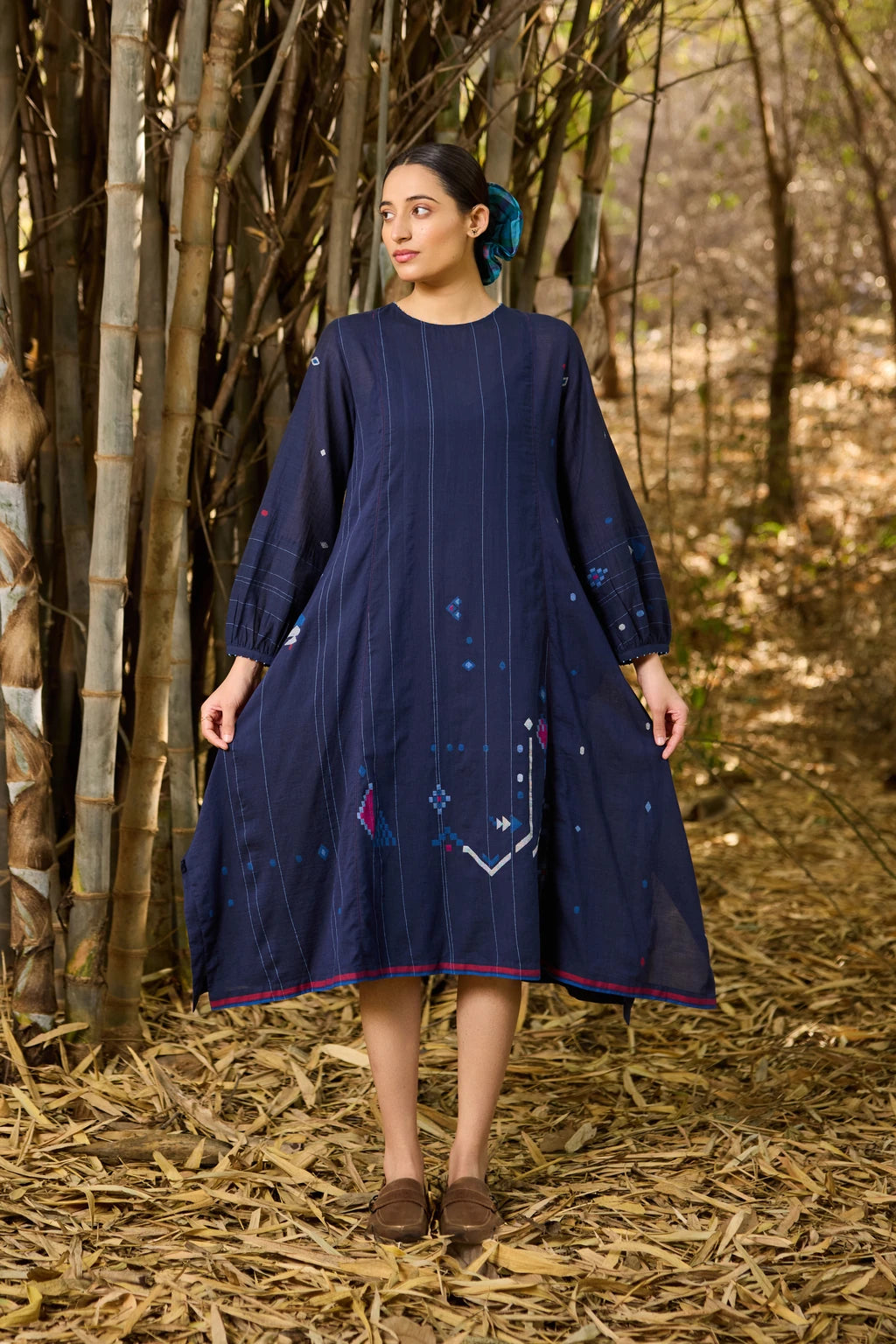 Adva Dress Navy Blue Handloom Cotton Jamdani Dress | Sarron Adva Dress Navy Blue Handloom Cotton Jamdani Dress | Sarron
