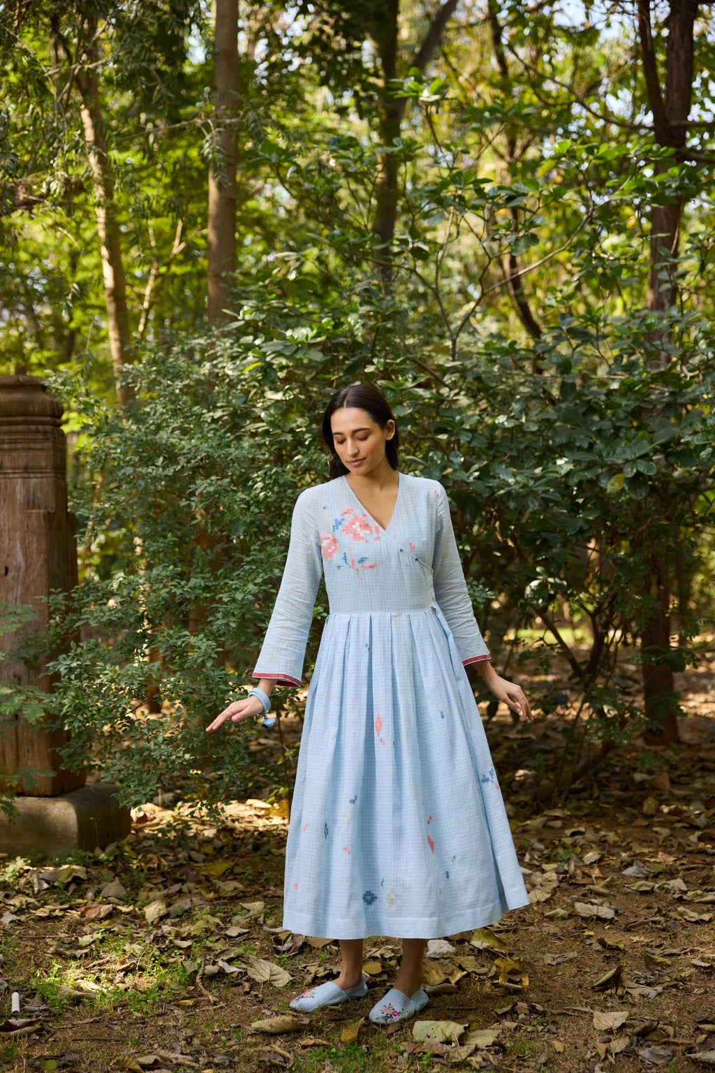 Akasa Dress — Powder blue check Jamdani dress — flat lay | Sarron