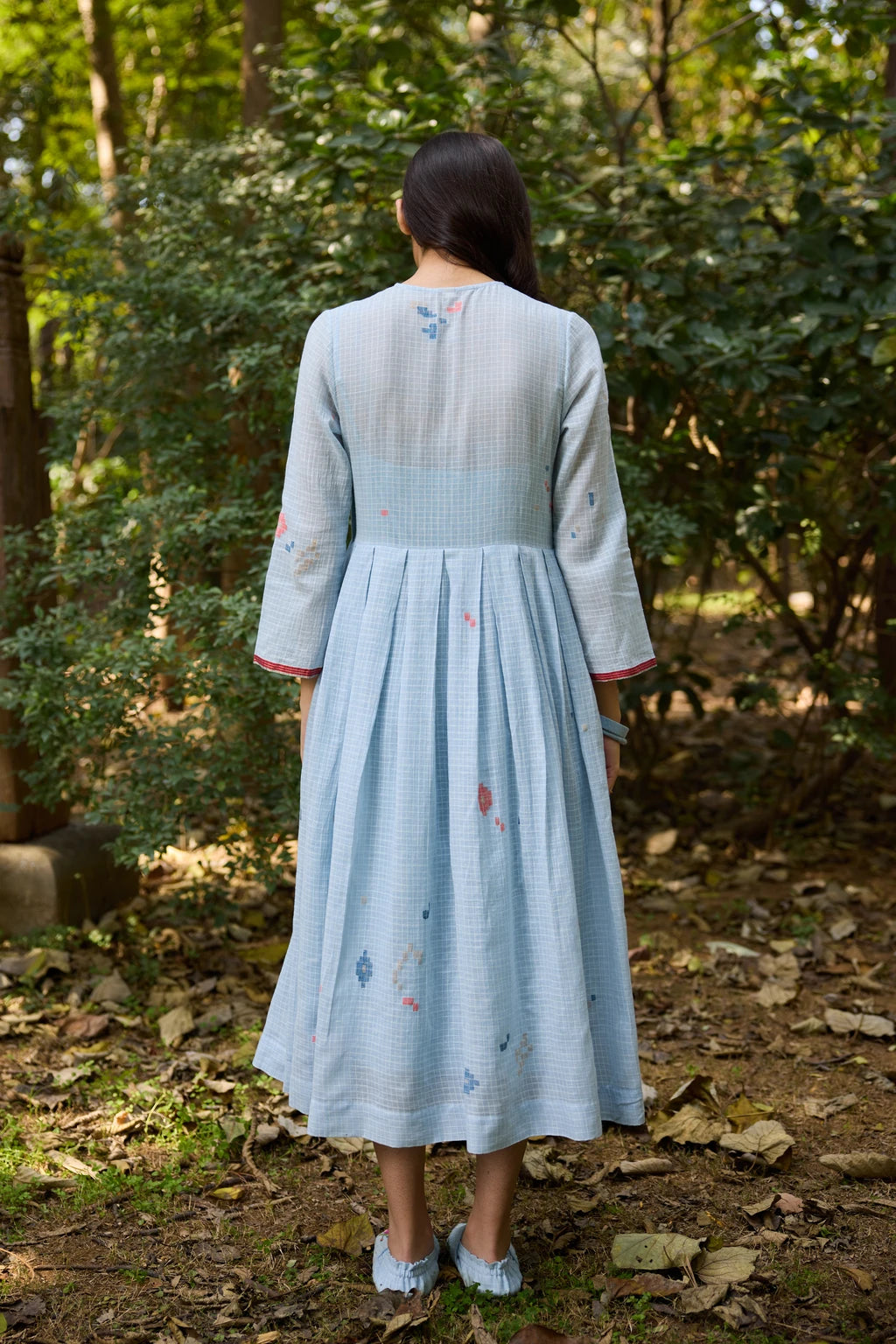 Akasa Dress — Powder blue check Jamdani dress — detail view | Sarron