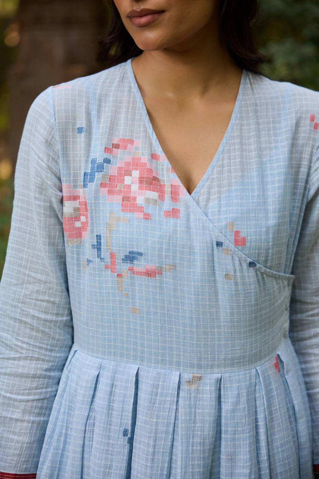 Akasa Dress — Powder blue check Jamdani dress — styled view | Sarron