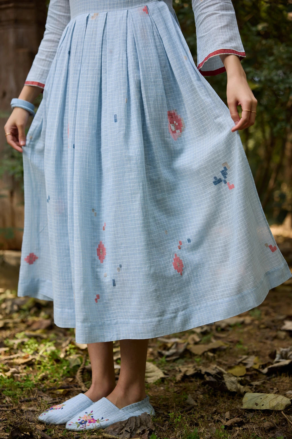 Akasa Dress — Powder blue check Jamdani dress — fabric detail | Sarron
