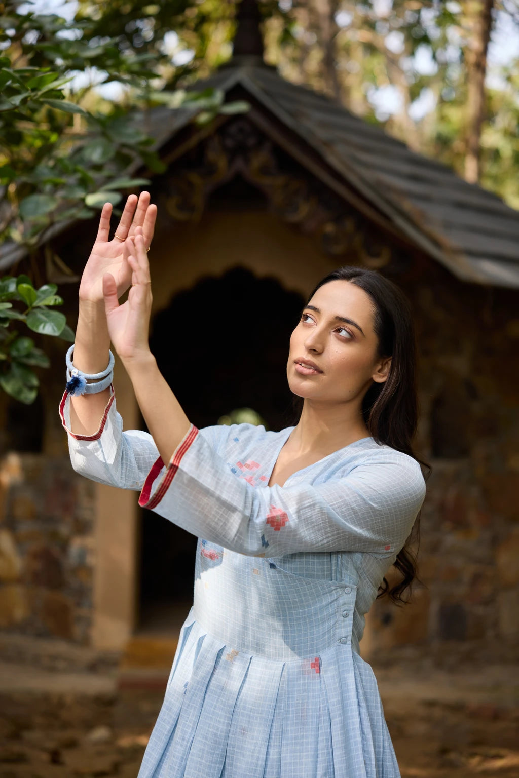 Akasa Dress — Powder blue check Jamdani dress — alternate angle | Sarron