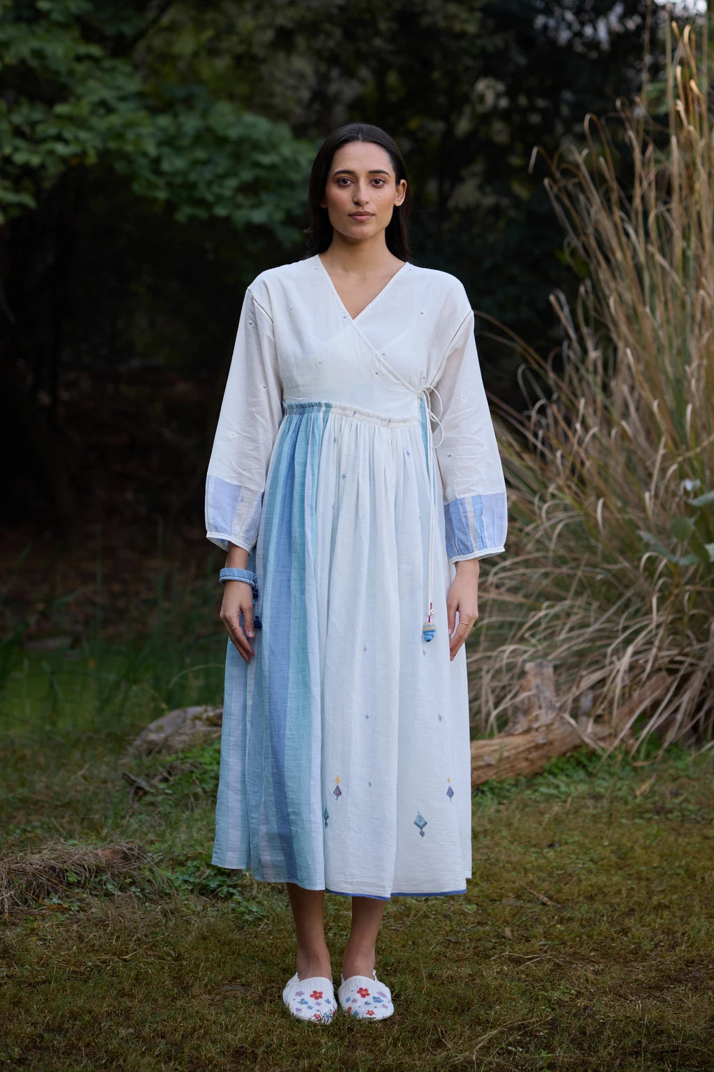 Amaya Dress — White and blue cotton Jamdani wrap dress — front view | Sarron