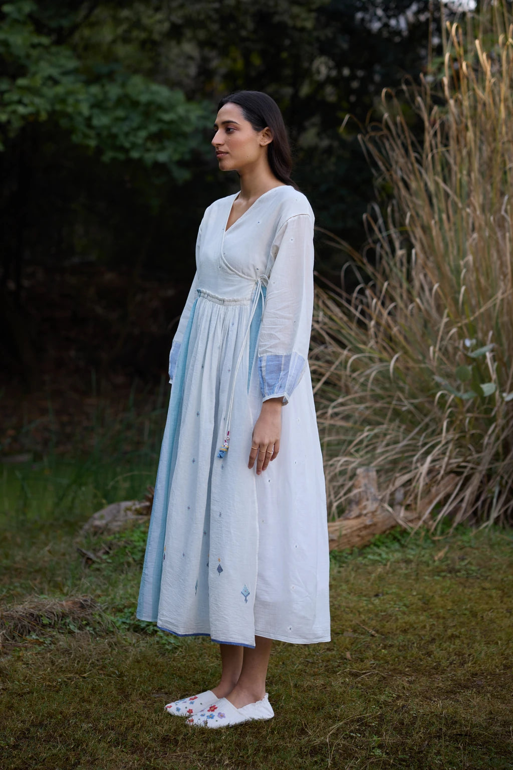 Amaya Dress — White and blue cotton Jamdani wrap dress — side view | Sarron