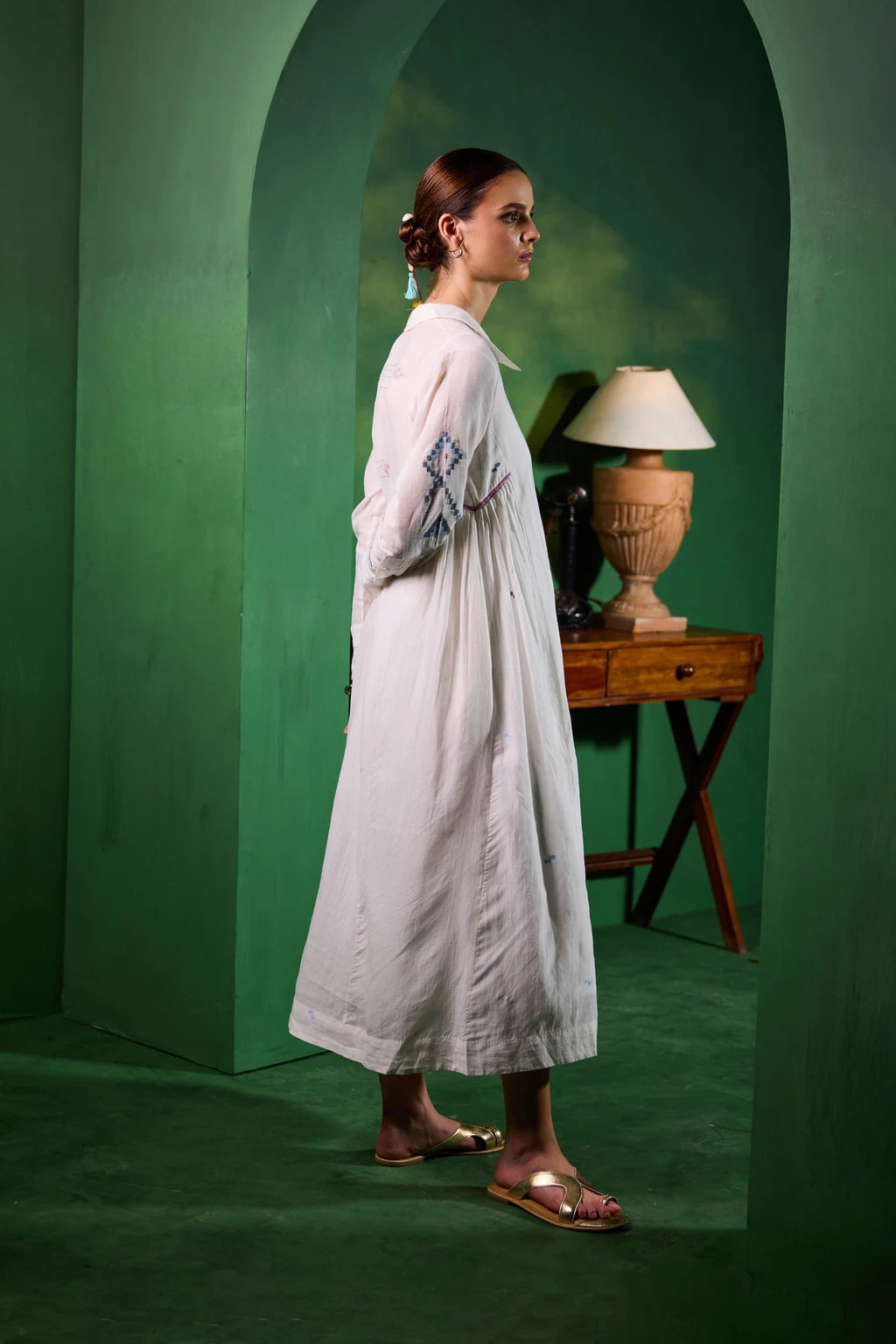 Anu Dress — Off-white handloom cotton Jamdani shirt dress — back view | Sarron