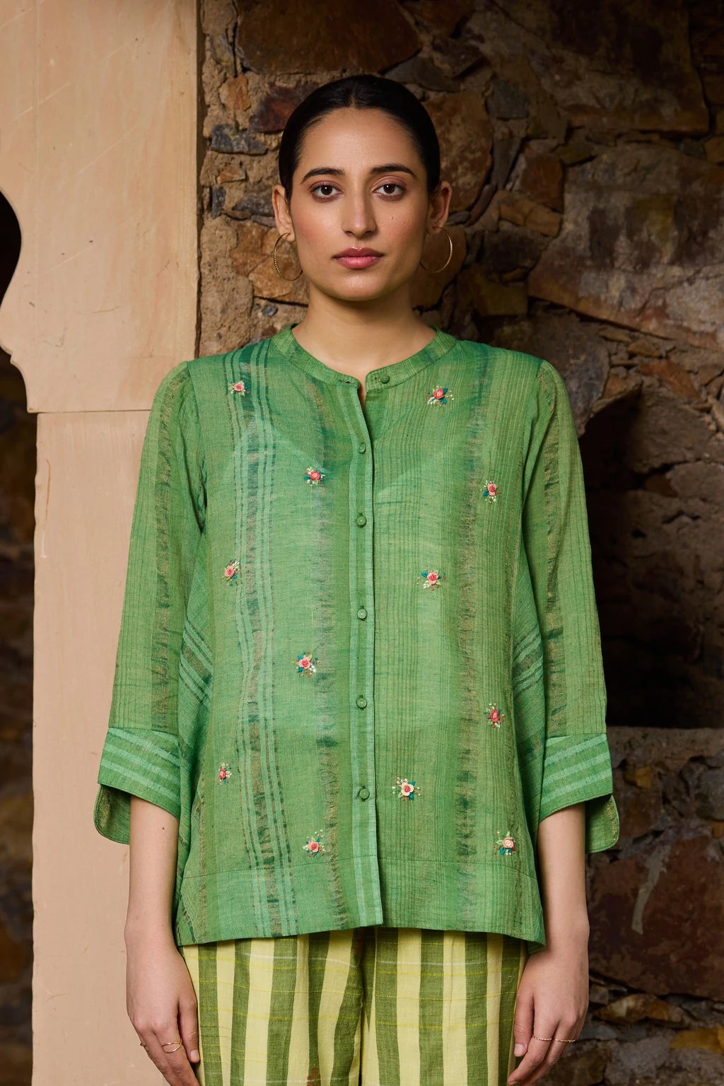 Axa Shirt — jamdani cotton zari shirt — front view | Sarron