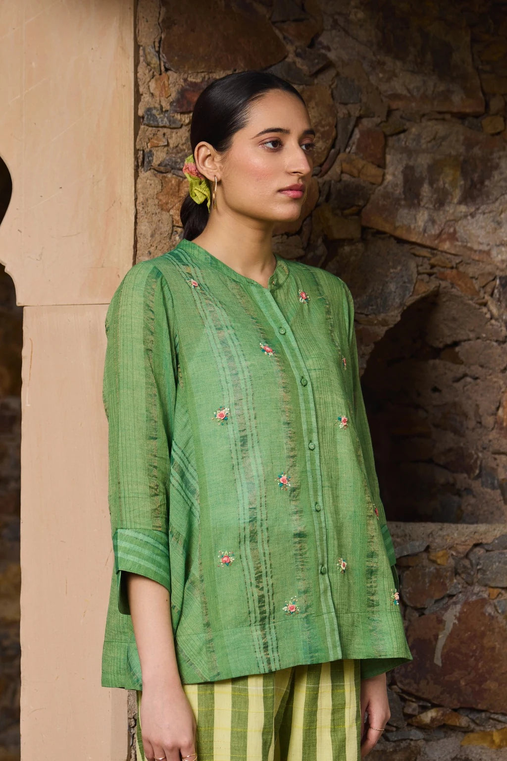 Axa Shirt — jamdani cotton zari shirt — front view | Sarron