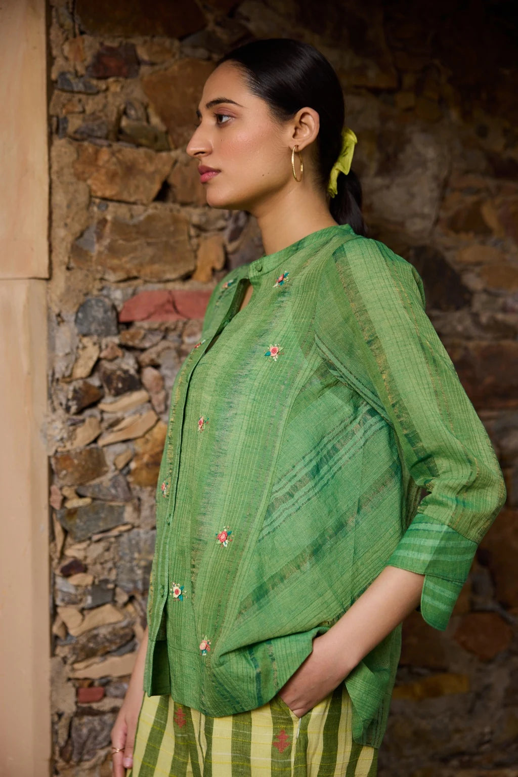 Axa Shirt — jamdani cotton zari shirt — side view | Sarron