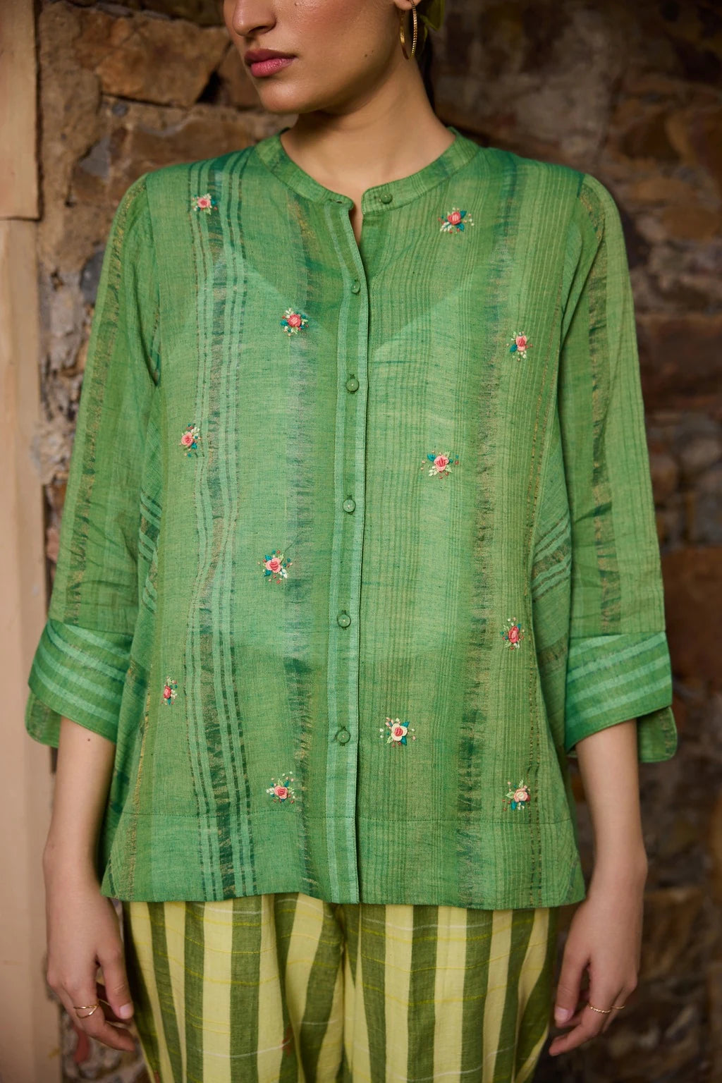 Axa Shirt — jamdani cotton zari shirt — front view | Sarron