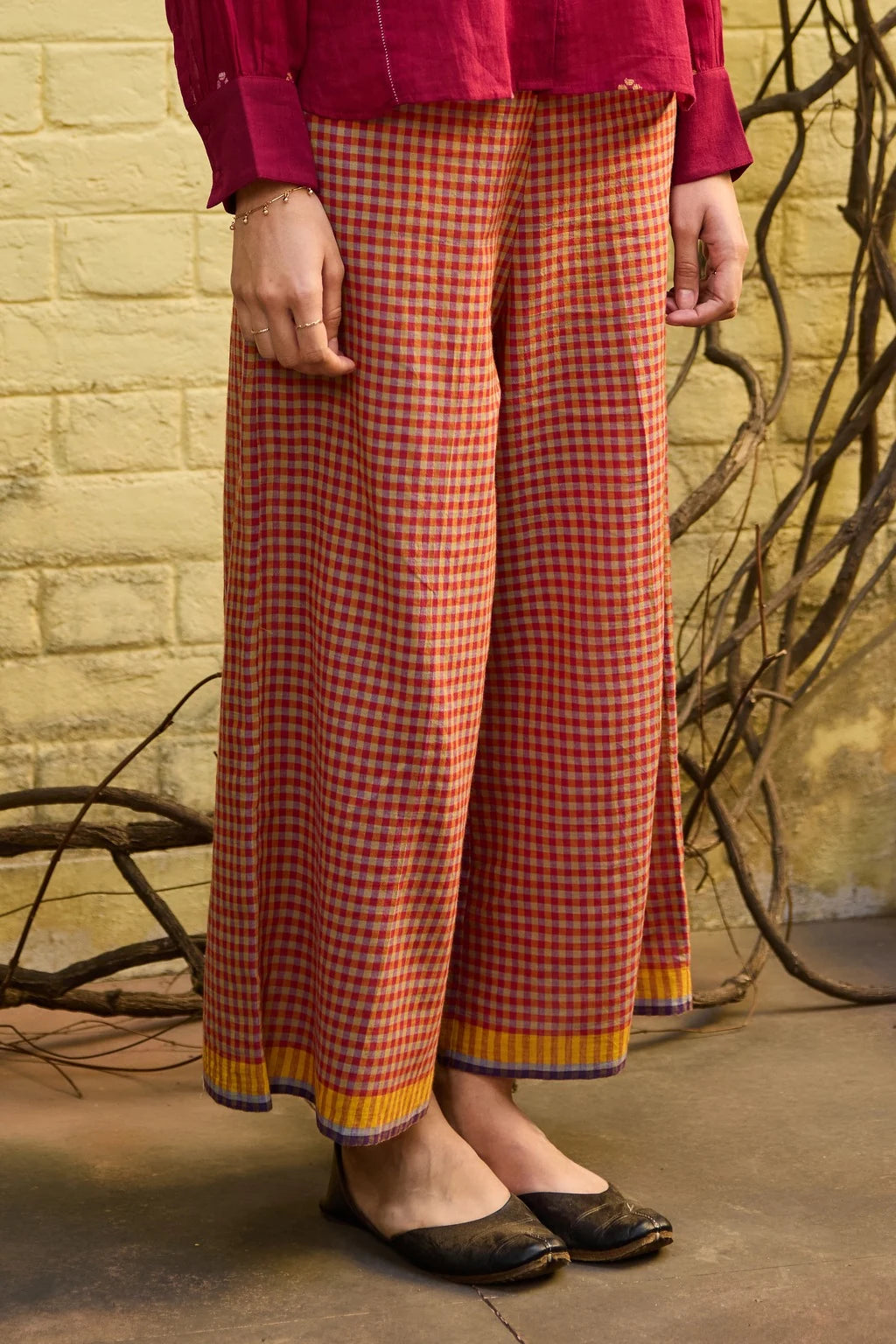 Ira Pant — red yellow check cotton pant — front view | Sarron