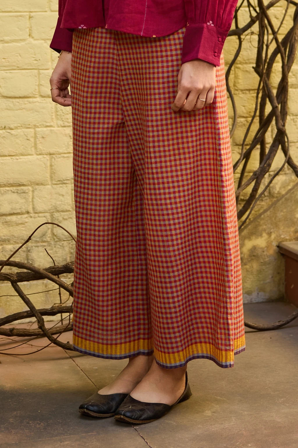 Ira Pant — red yellow check cotton pant — front view | Sarron