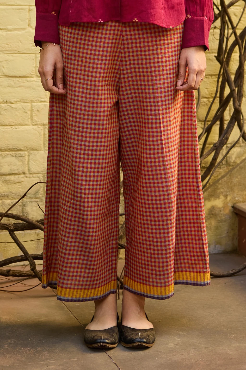 Ira Pant — red yellow check cotton pant — front view | Sarron