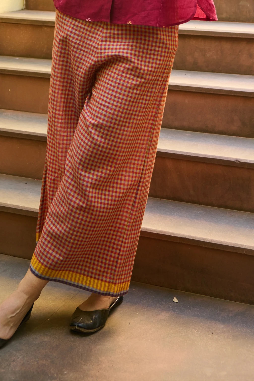 Ira Pant — red yellow check cotton pant — campaign shot | Sarron