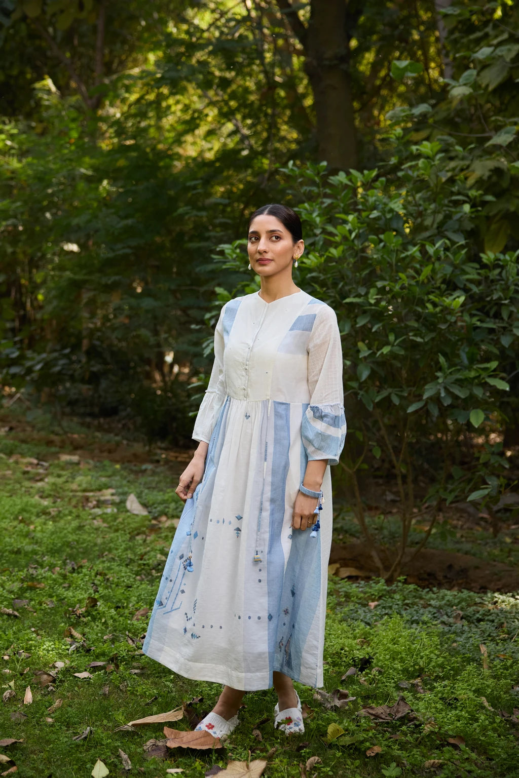 Kaaya Dress — White and blue patchwork Jamdani dress — alternate angle | Sarron