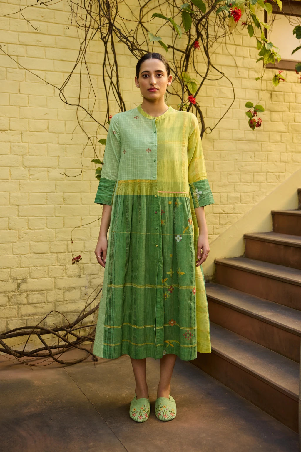 Kiran Dress — Green and yellow patchwork Jamdani dress — front view | Sarron