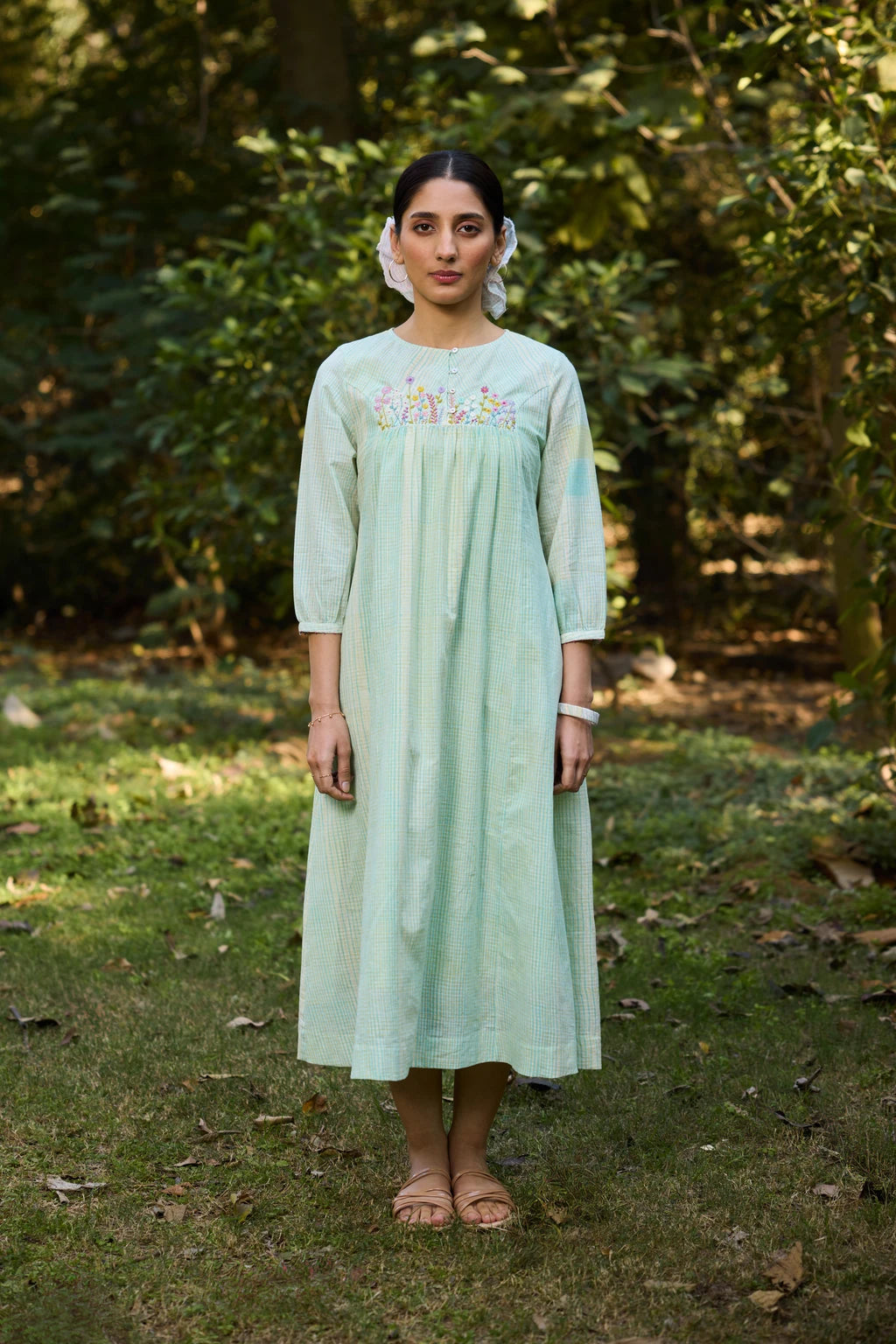 Mana Dress — Mint green hand-block printed cotton dress — front view | Sarron