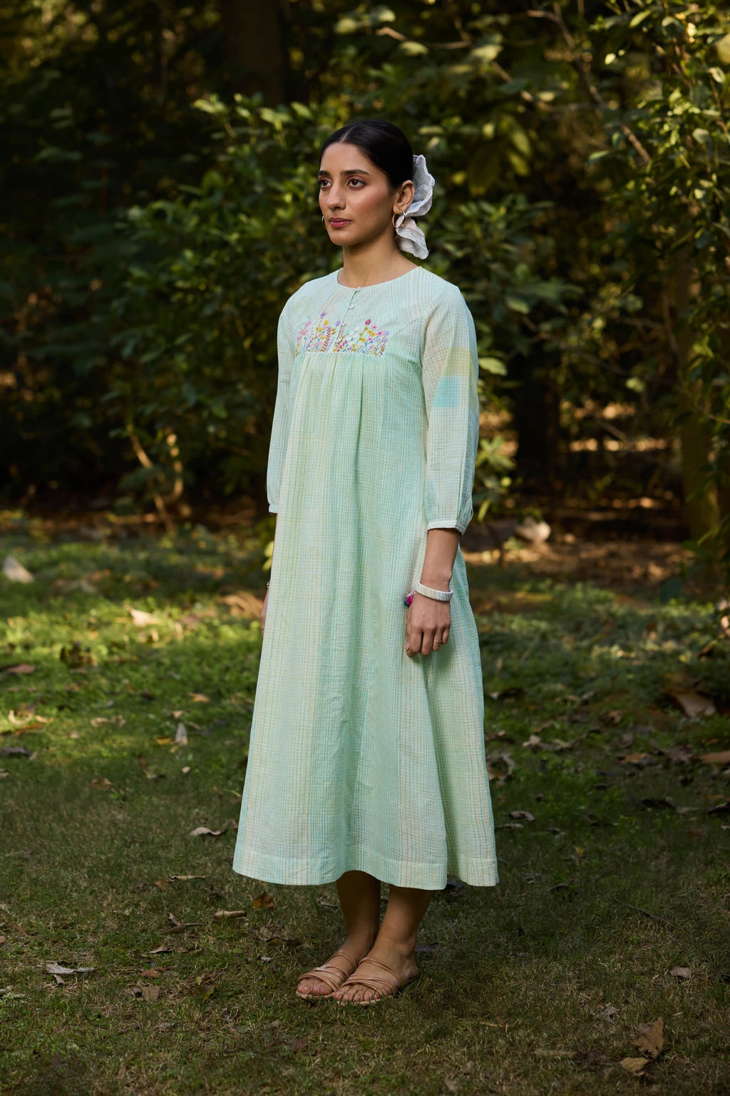 Mana Dress — Mint green hand-block printed cotton dress — side view | Sarron