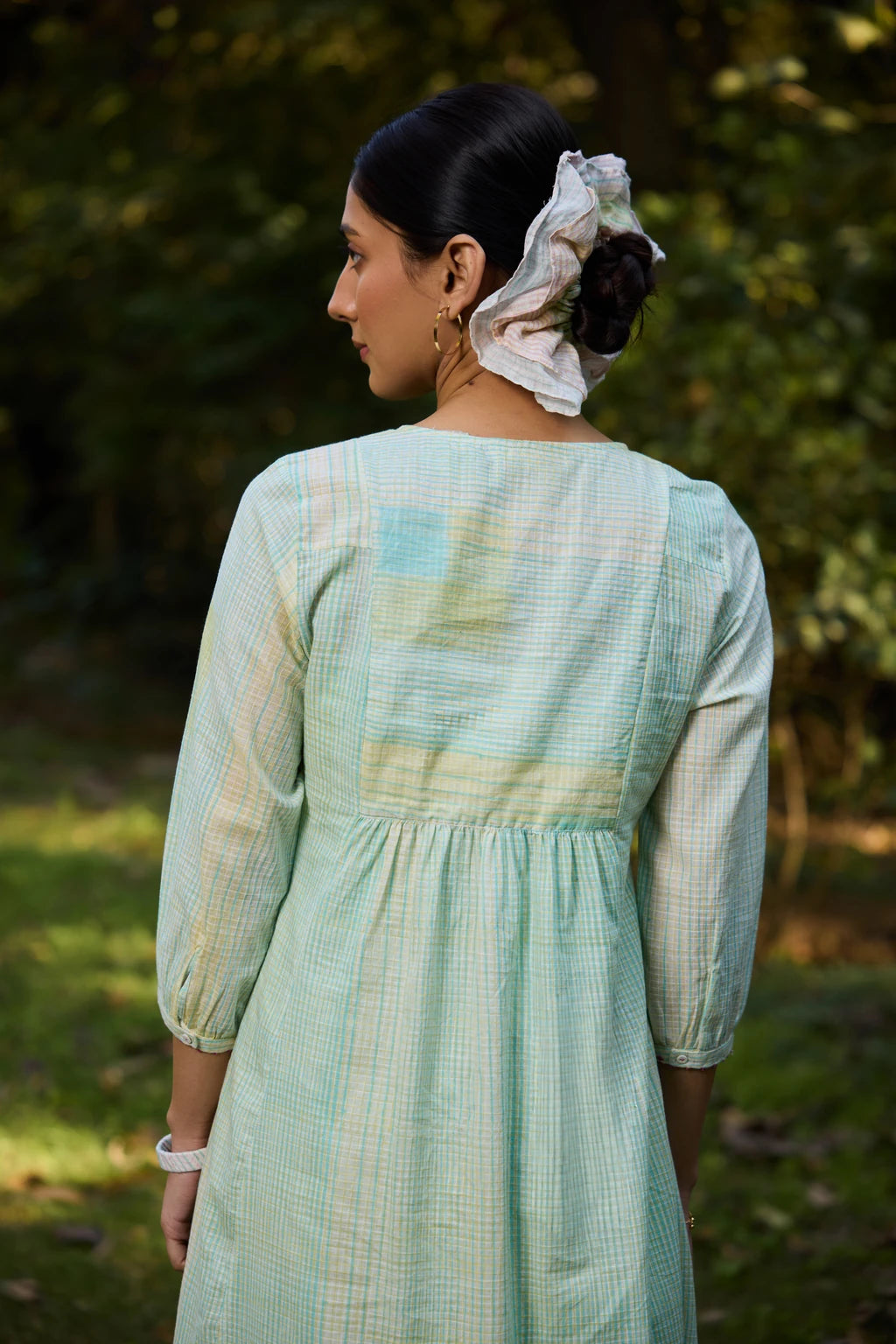 Mana Dress — Mint green hand-block printed cotton dress — detail view | Sarron