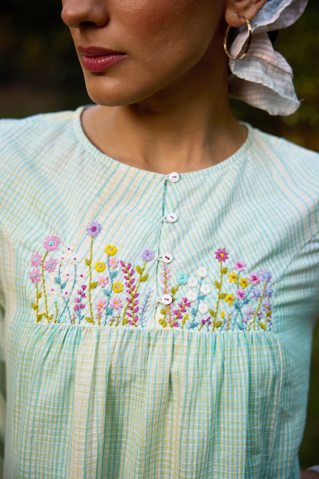 Mana Dress — Mint green hand-block printed cotton dress — close-up | Sarron