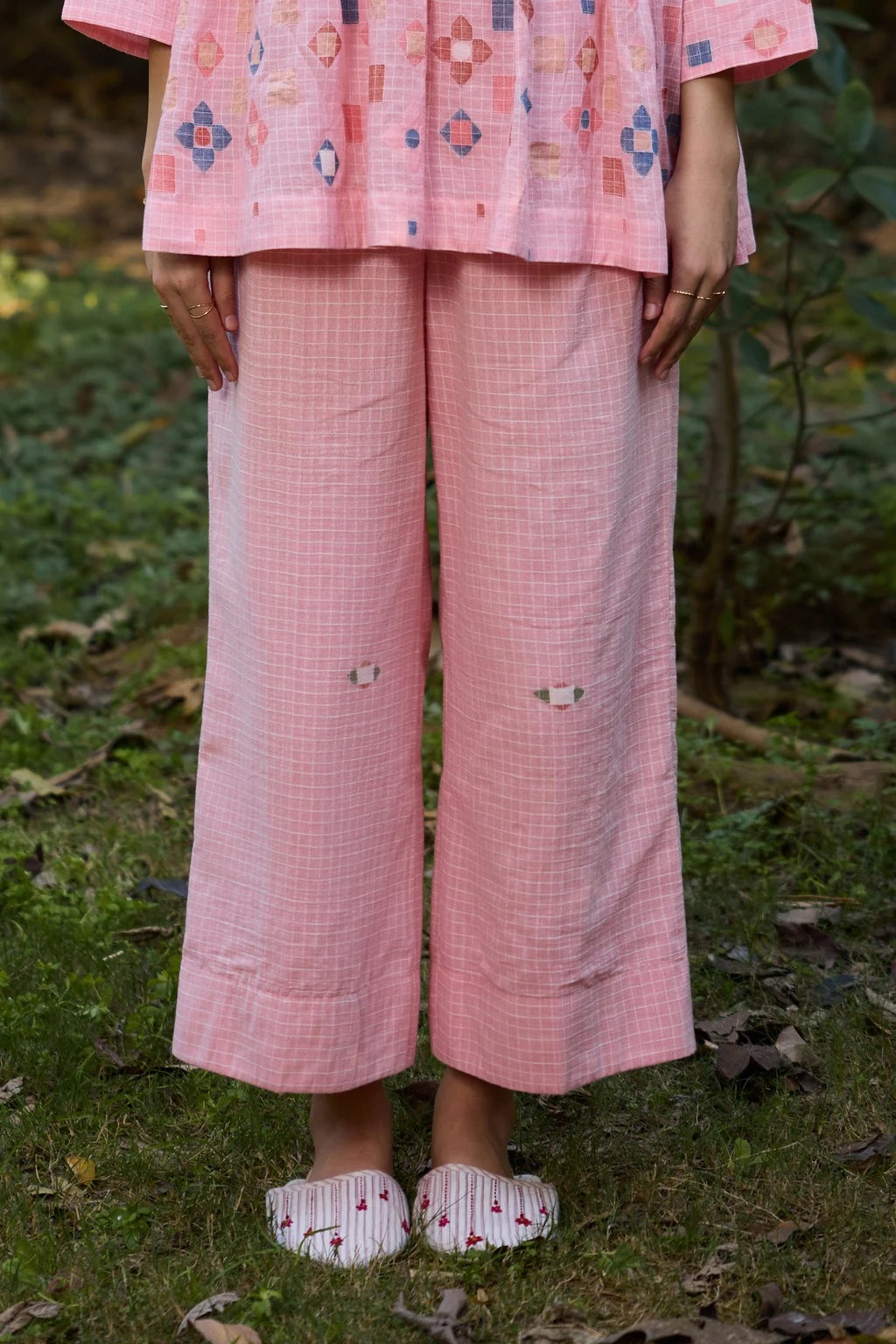 Mila Pant — pink checkered jamdani cotton pant — front view | Sarron