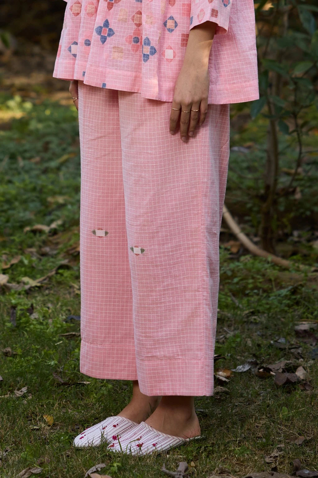 Mila Pant — pink checkered jamdani cotton pant — side view | Sarron