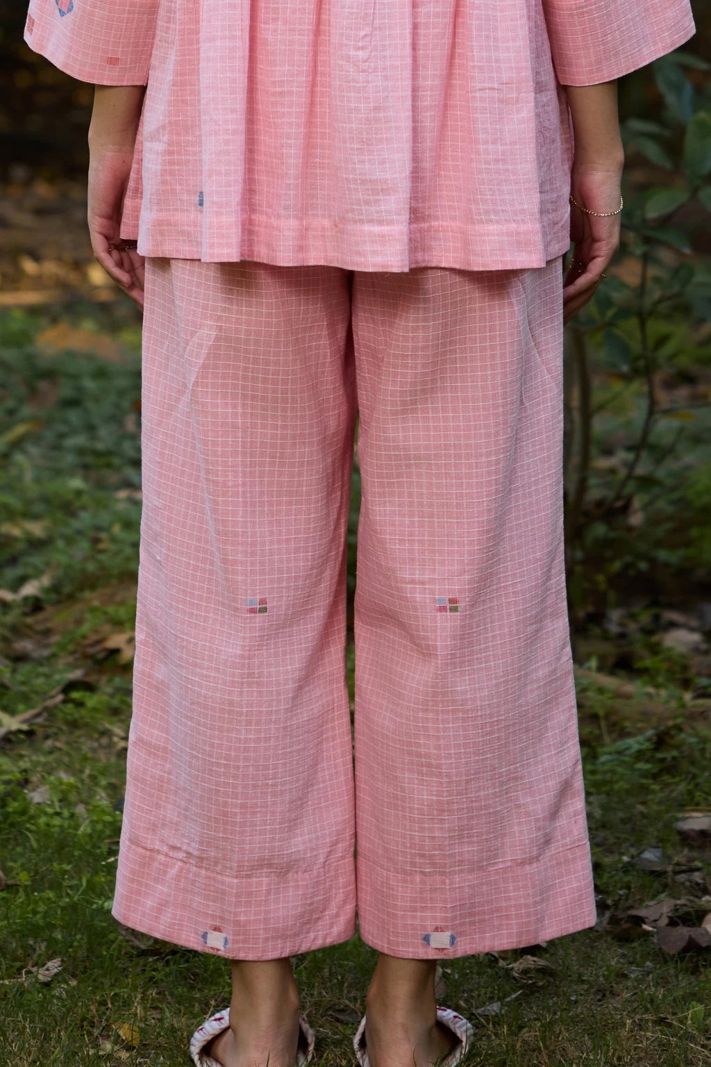 Mila Pant — pink checkered jamdani cotton pant — back view | Sarron