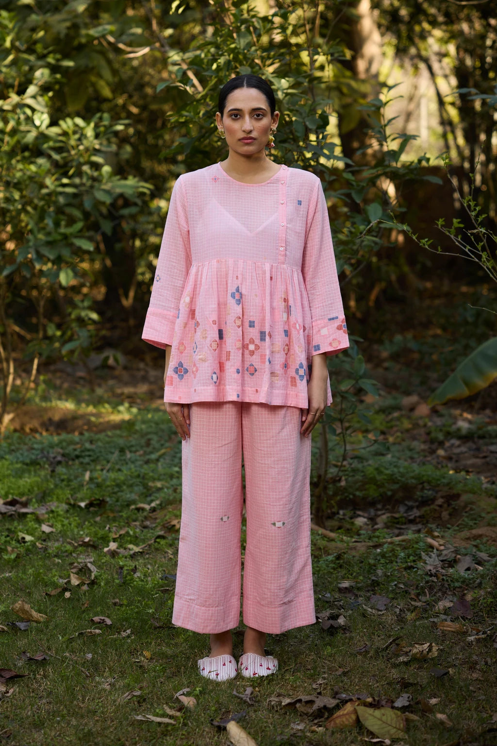 Mila Set — Pink checkered Jamdani cotton co-ord set — front view | Sarron