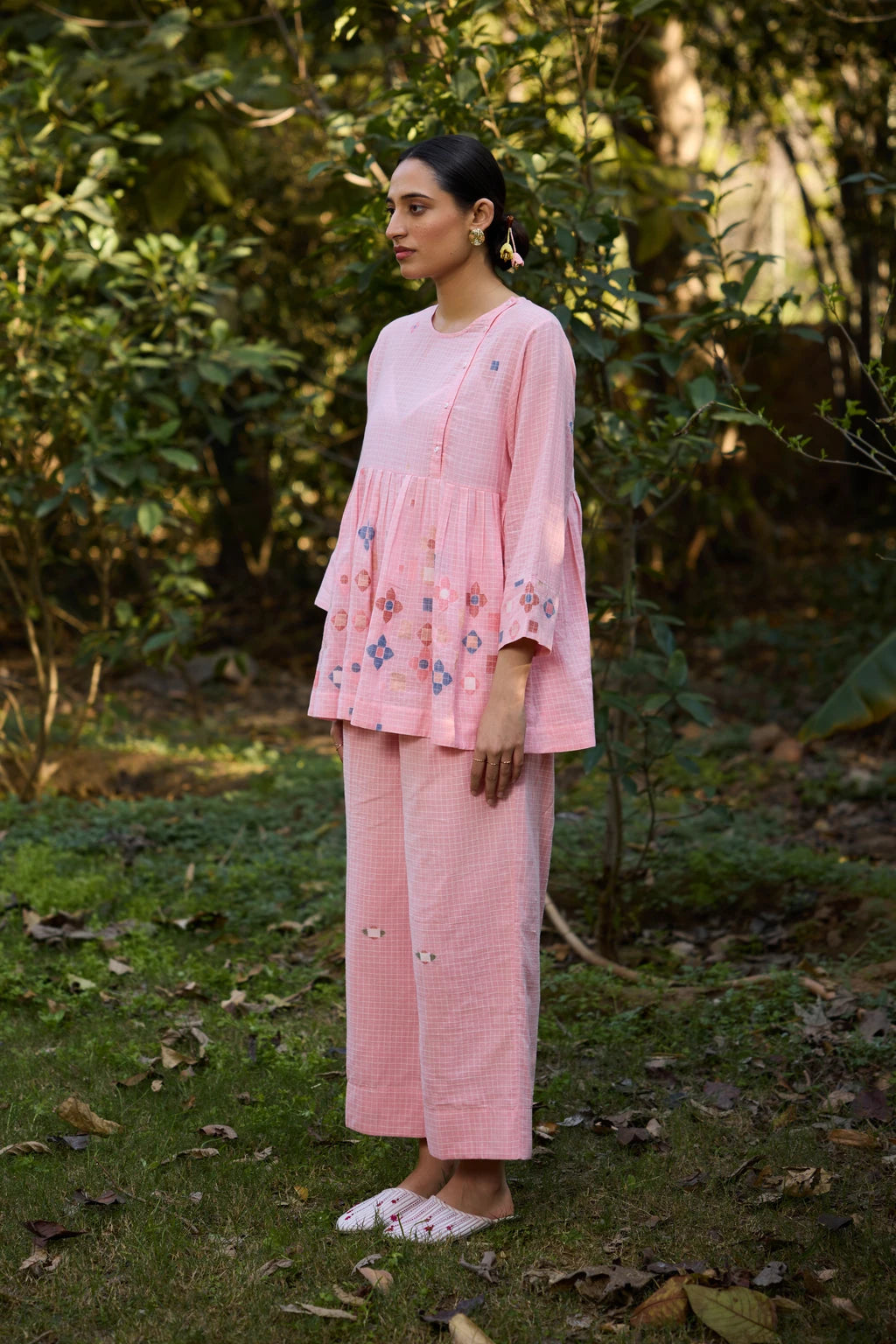 Mila Set — Pink checkered Jamdani cotton co-ord set — side view | Sarron