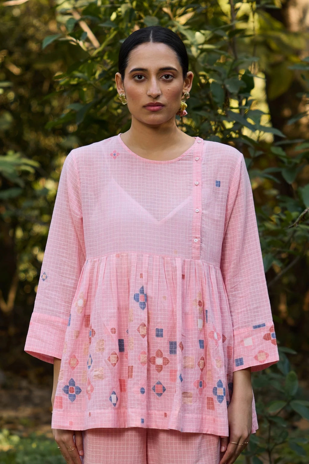 Mila Top — pink checkered jamdani cotton top — front view | Sarron
