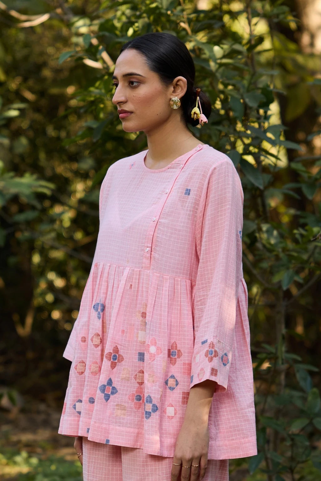 Mila Top — pink checkered jamdani cotton top — side view | Sarron