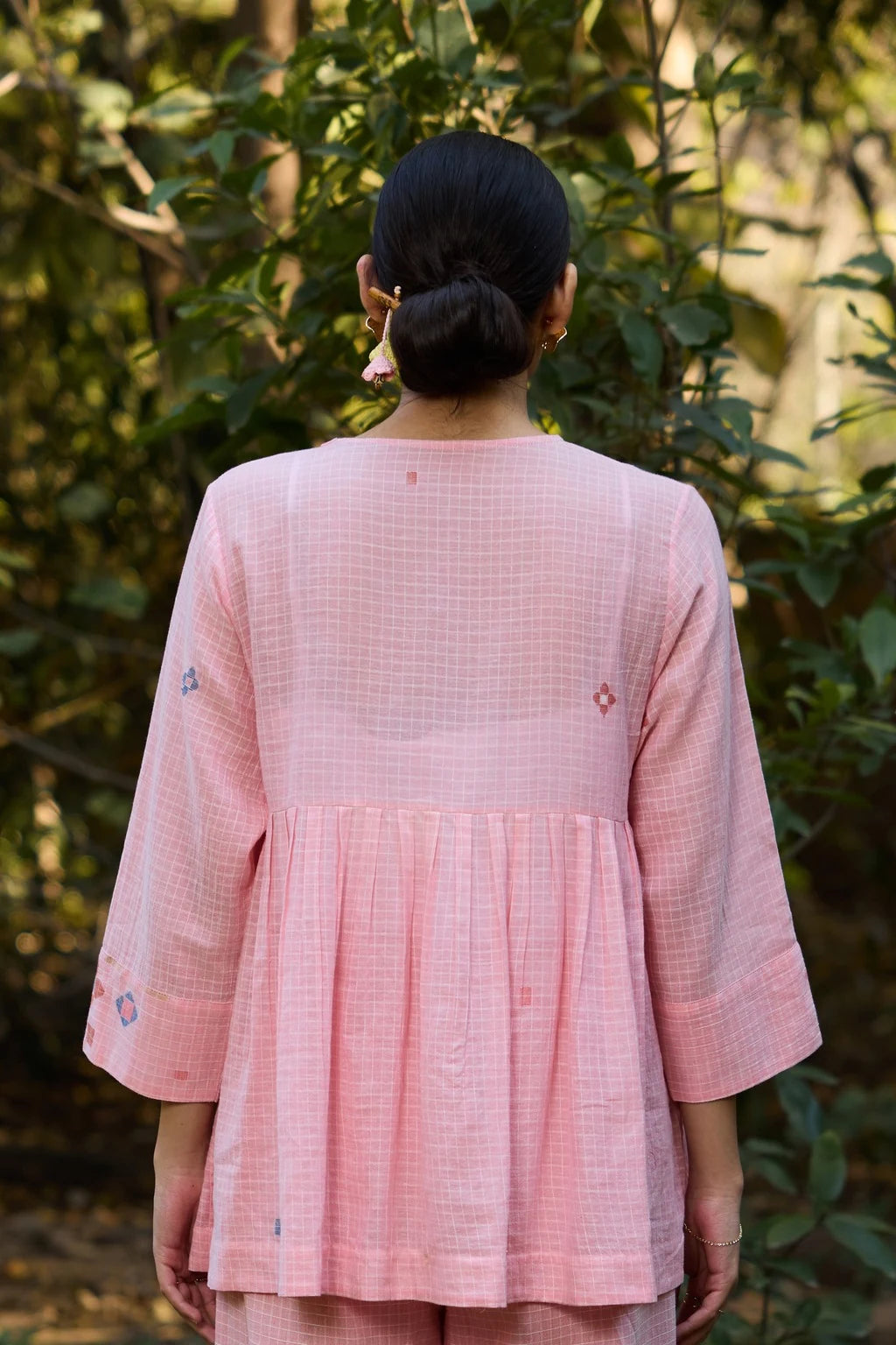 Mila Top — pink checkered jamdani cotton top — back view | Sarron