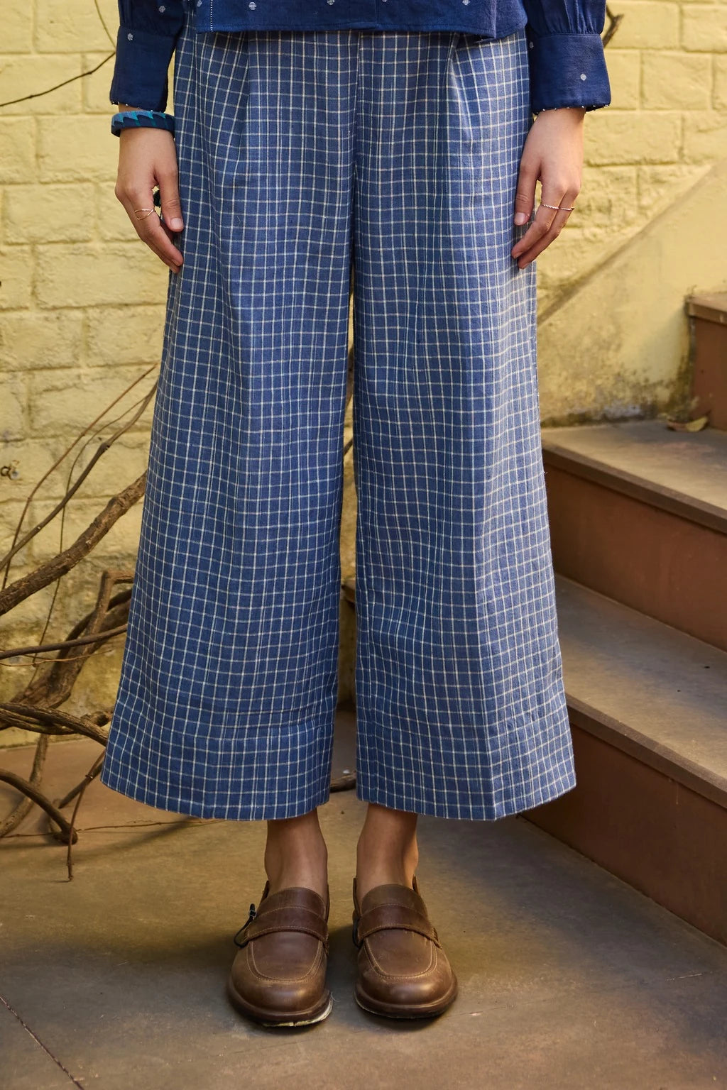 Nyla Pant — white blue check cotton pant — front view | Sarron