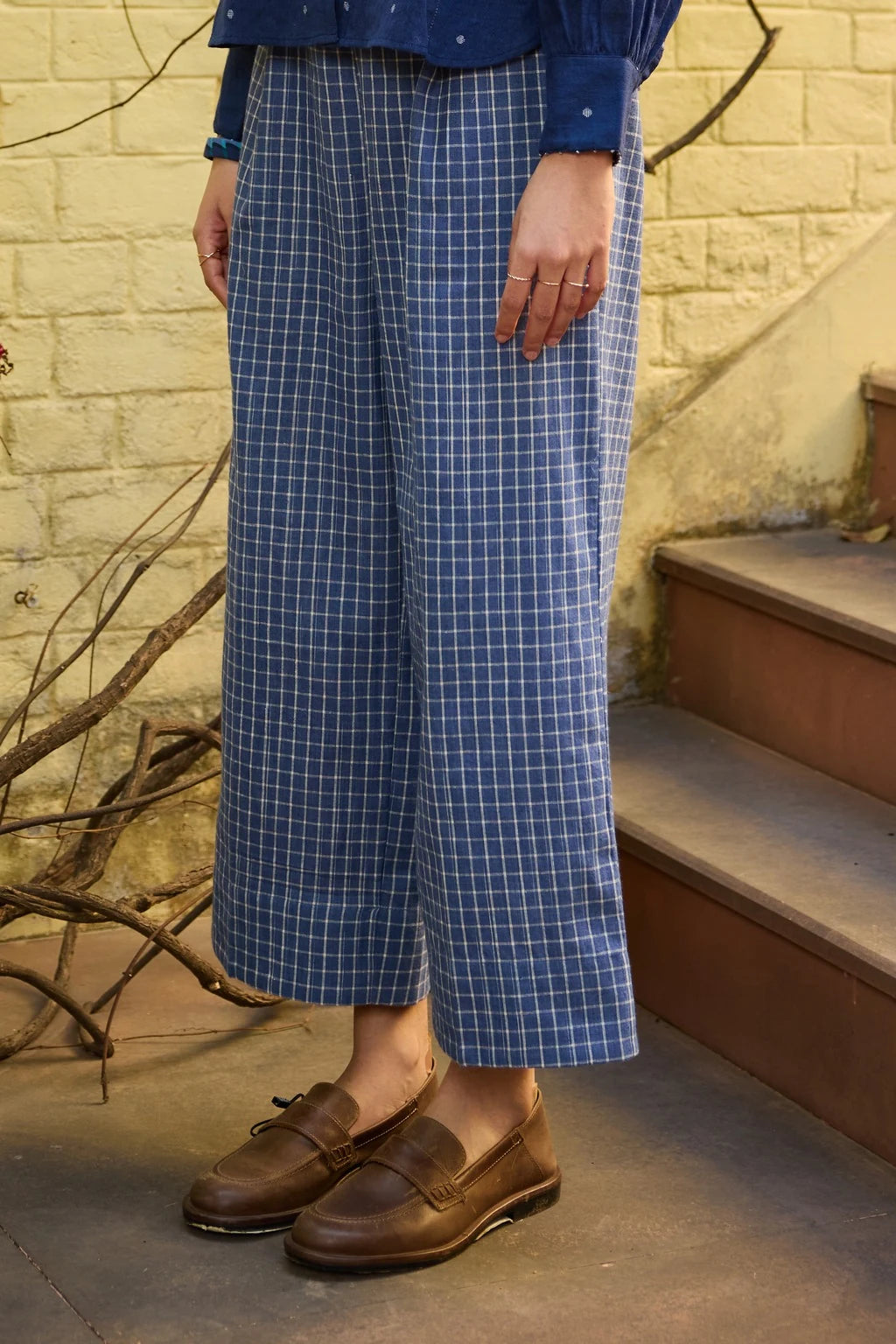 Nyla Pant — white blue check cotton pant — front view | Sarron