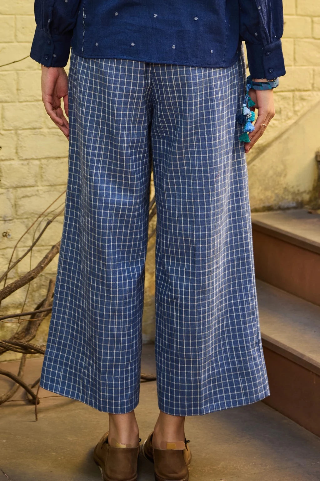 Nyla Pant — white blue check cotton pant — back view | Sarron