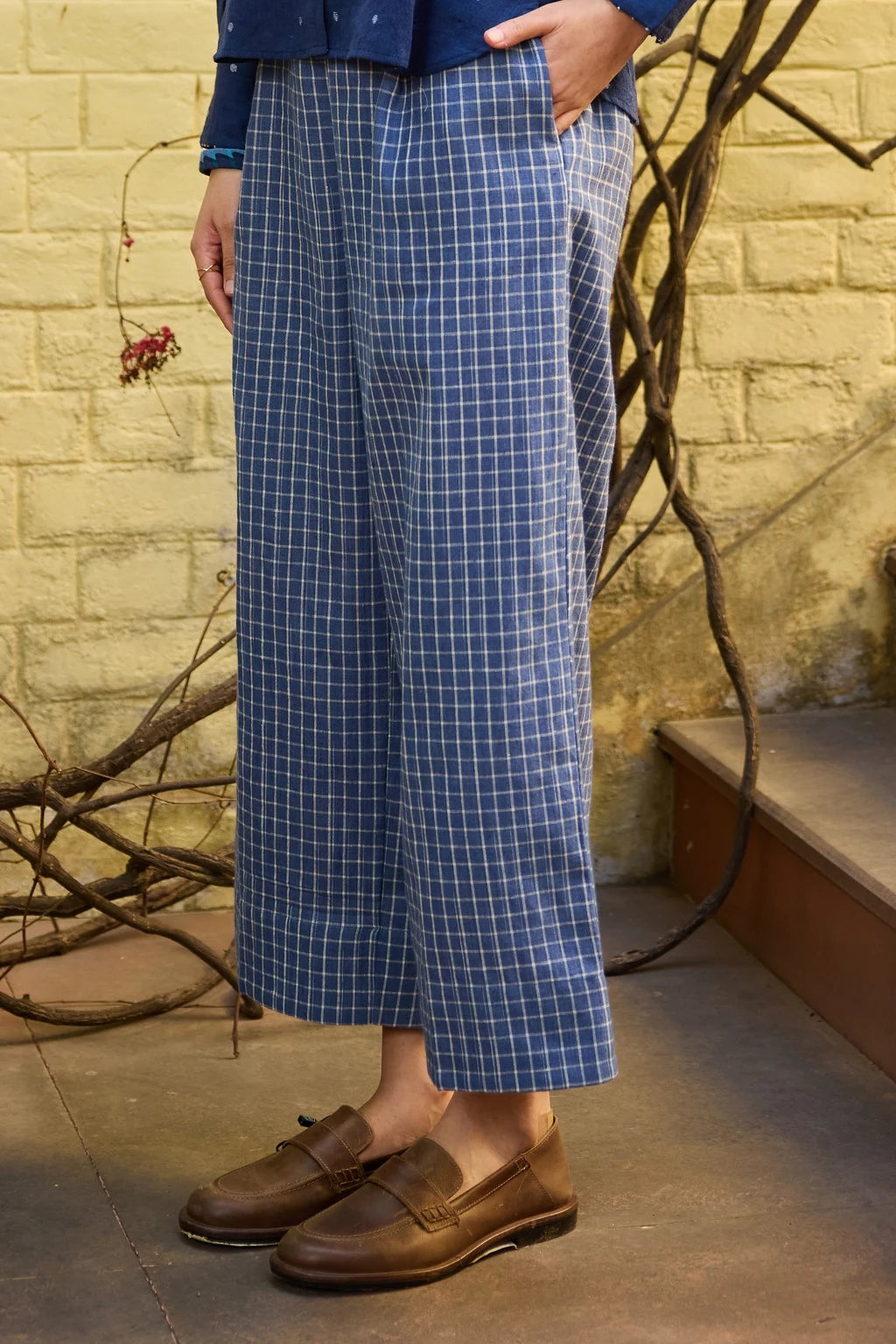 Nyla Pant — white blue check cotton pant — side view | Sarron