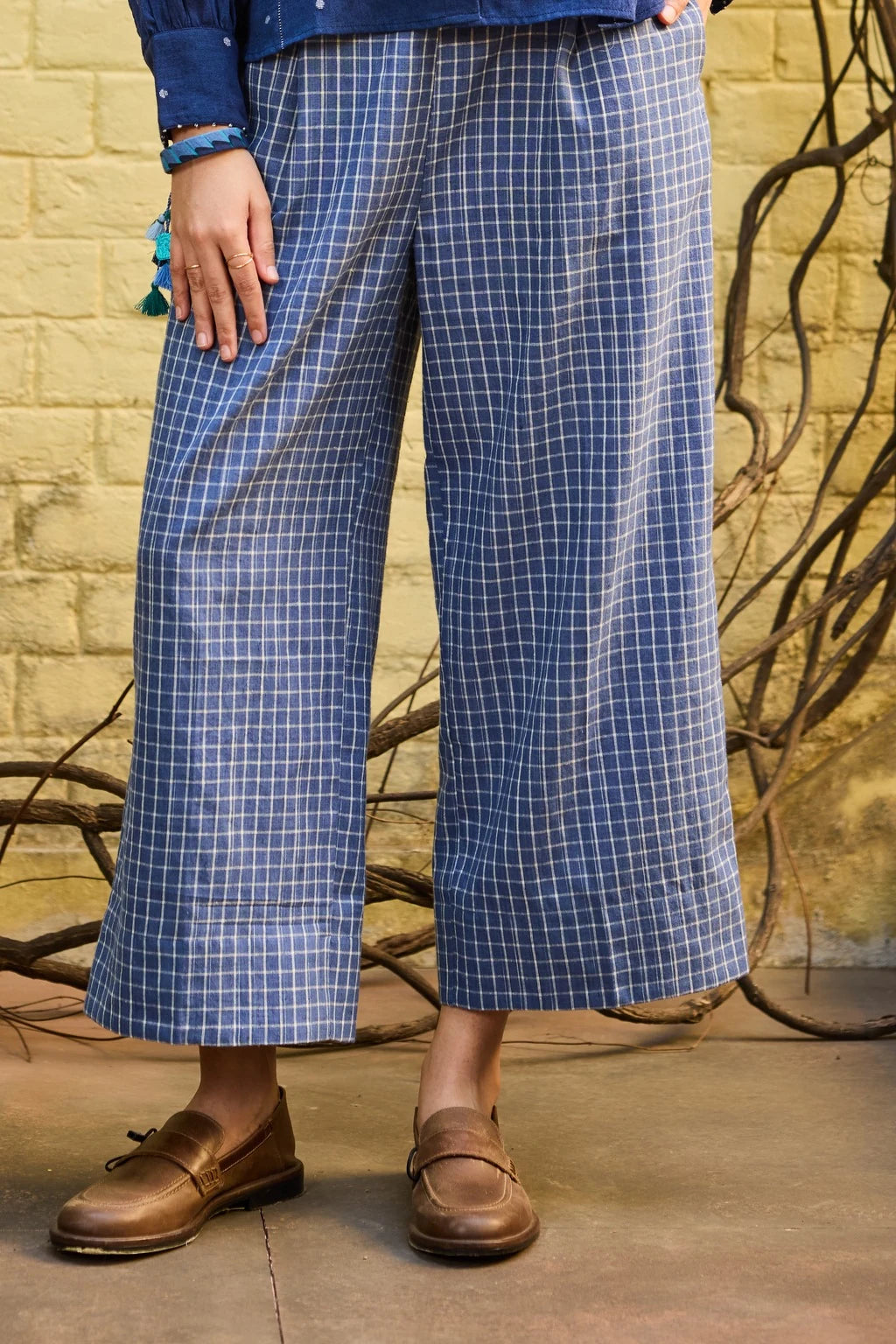 Nyla Pant — white blue check cotton pant — campaign shot | Sarron