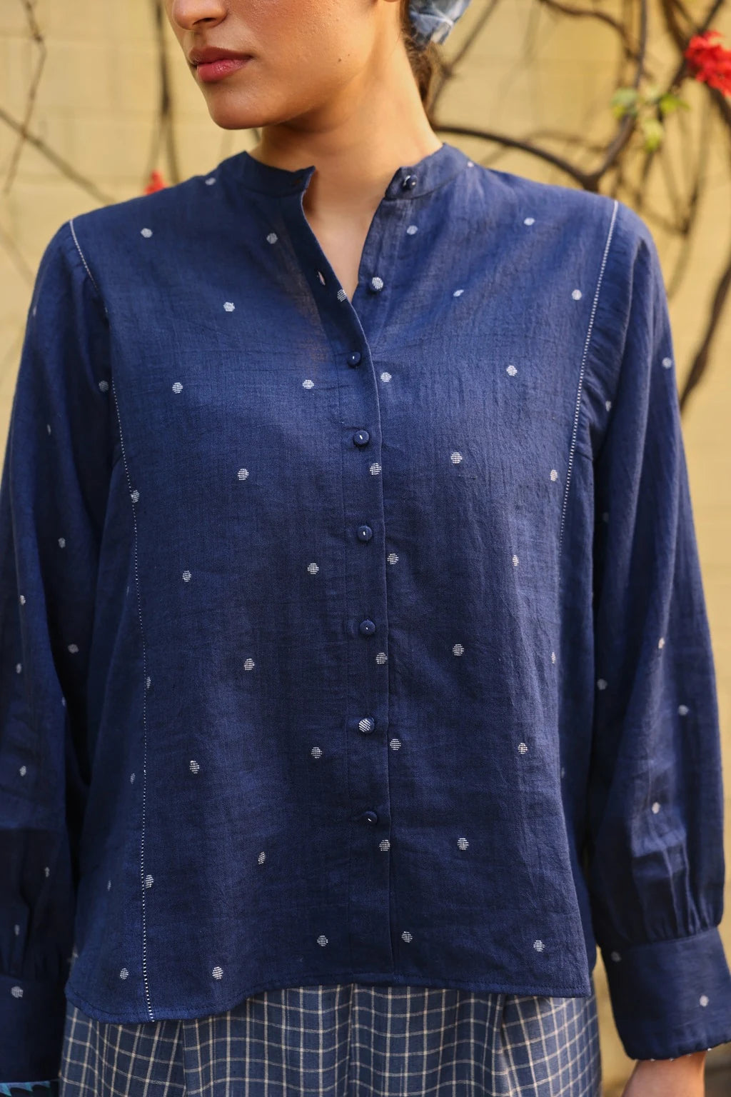 Nyla Shirt — jamdani cotton shirt — front view | Sarron