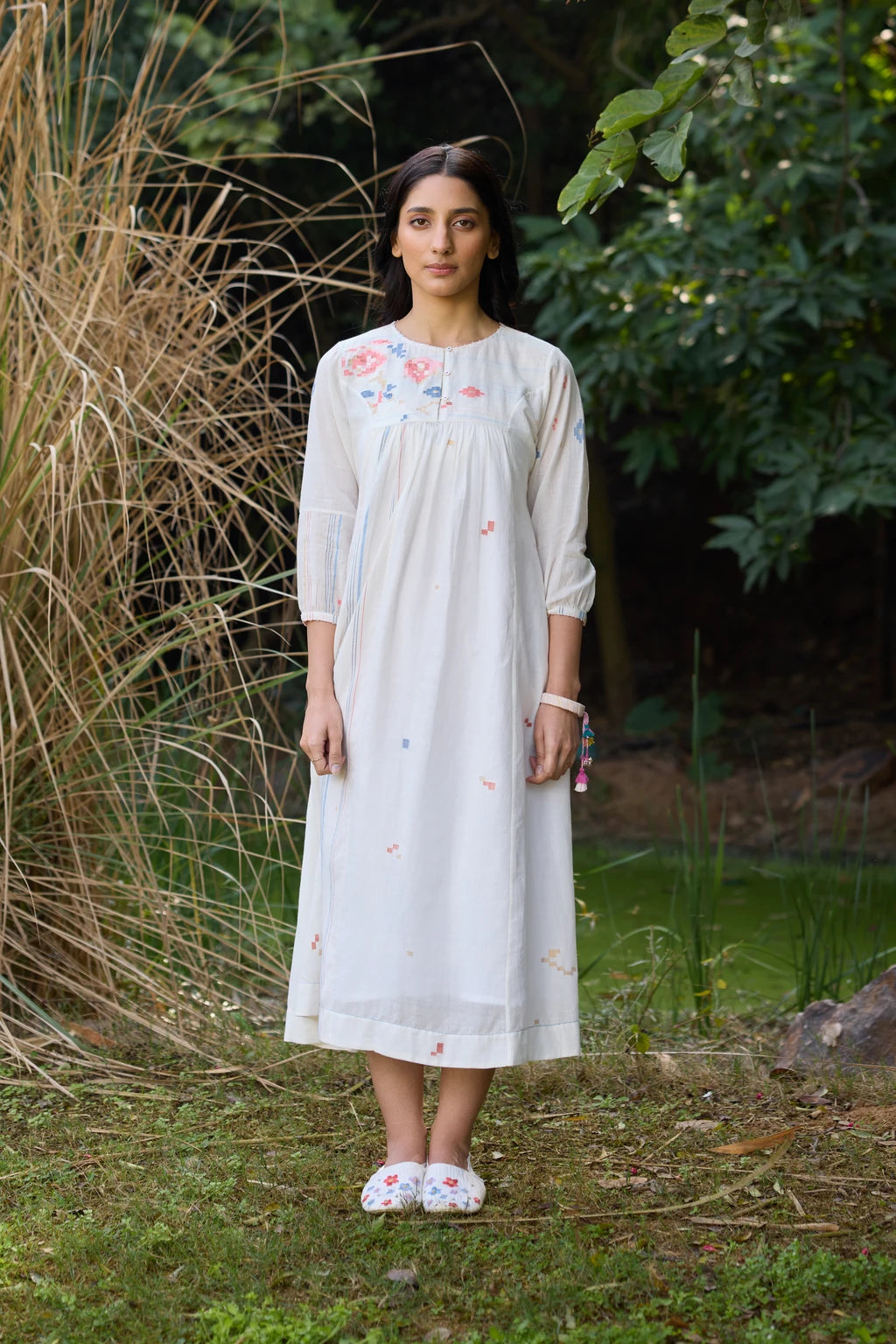 Soma Dress — White handloom cotton Jamdani dress with floral yoke — front view | Sarron