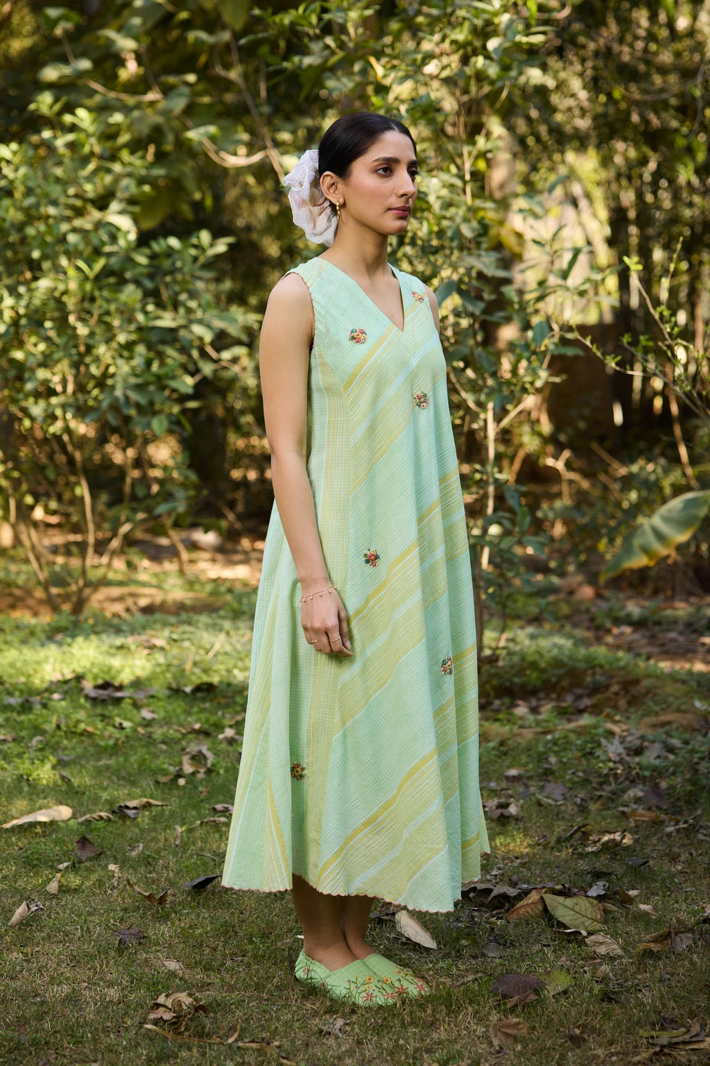Vana Dress — Mint green and yellow hand-block printed dress — back view | Sarron