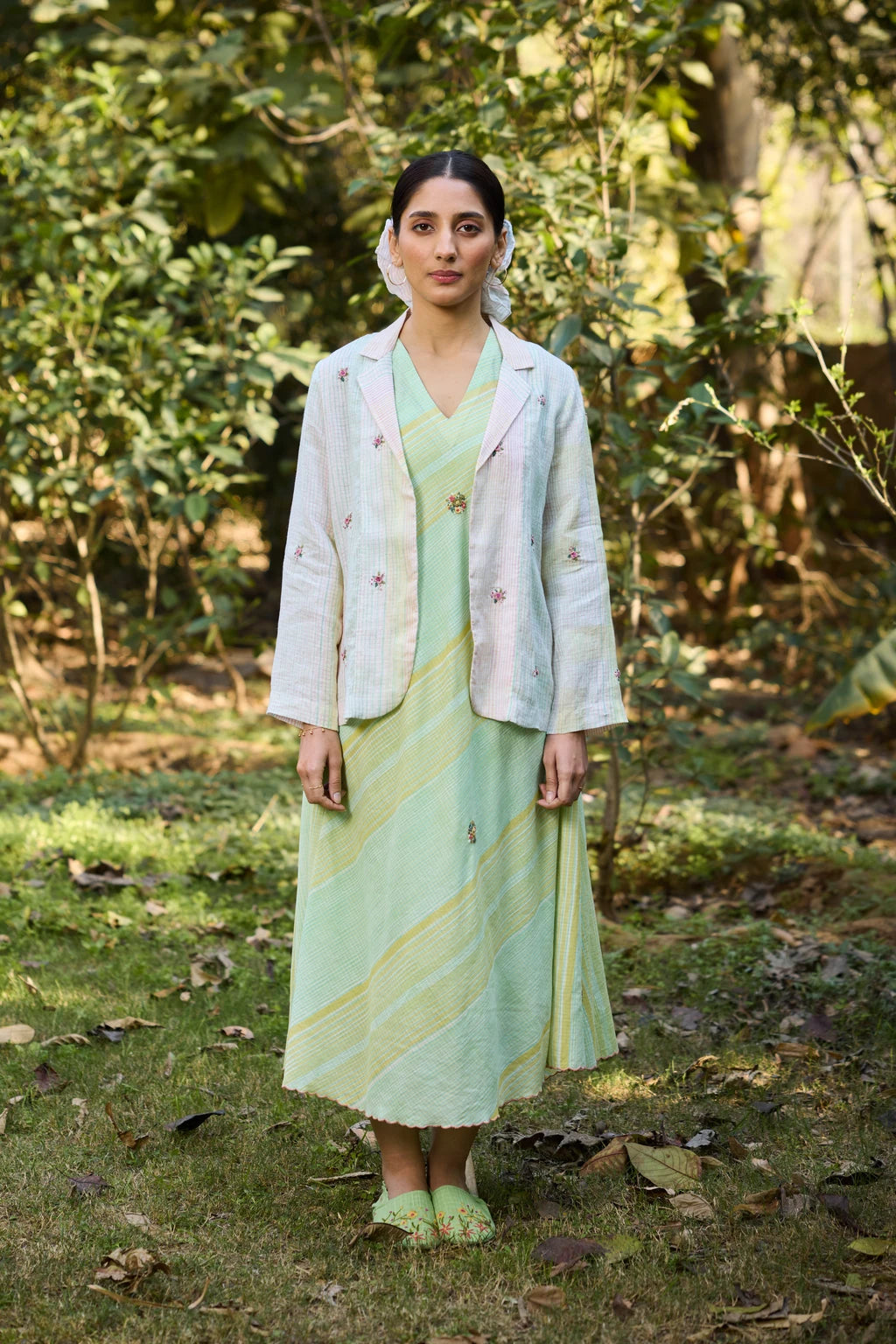 Vana Overlay — White hand-block printed cotton jacket — front view | Sarron