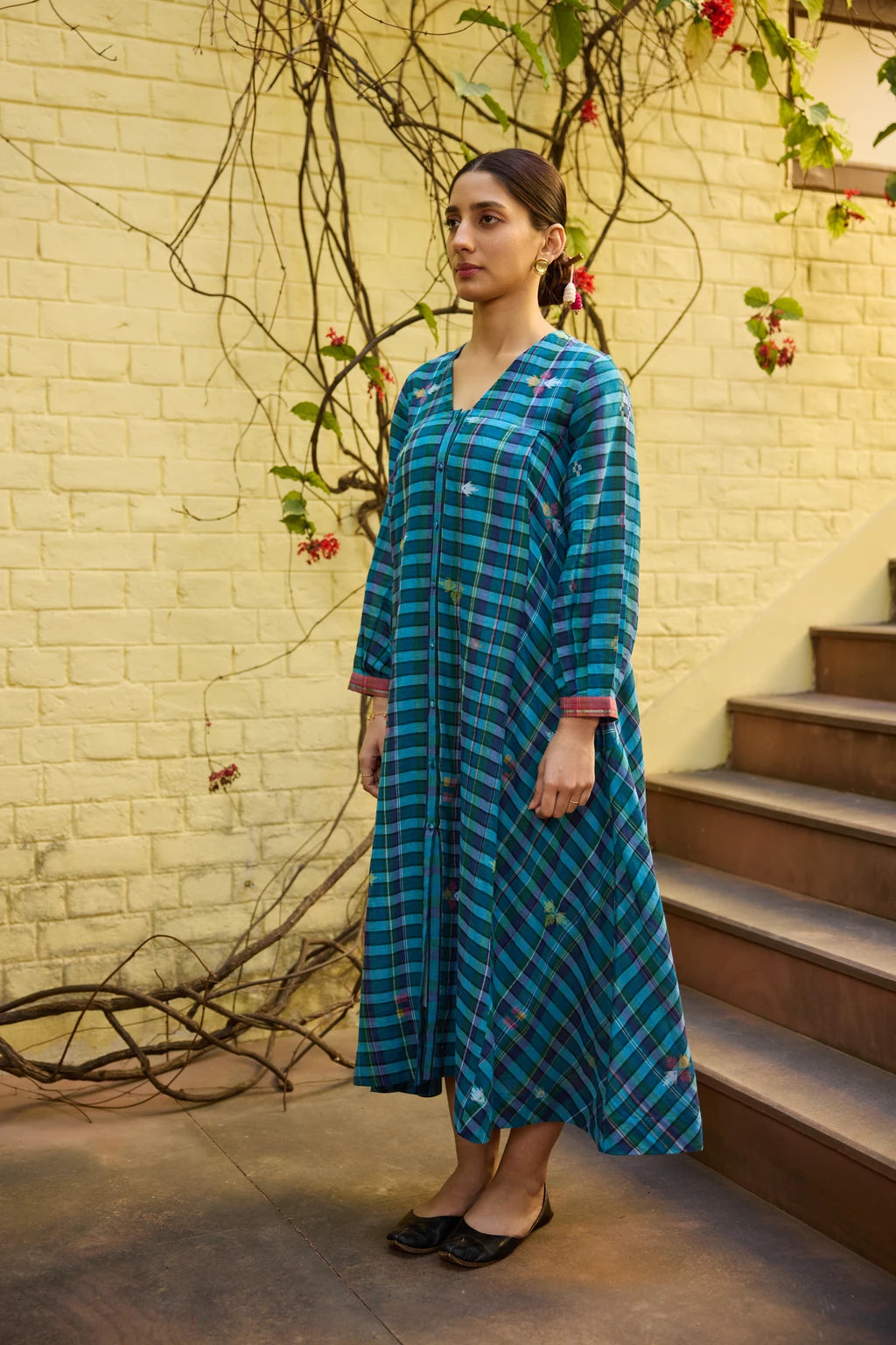 Vini Dress — jamdani cotton dress — angular view | Sarron