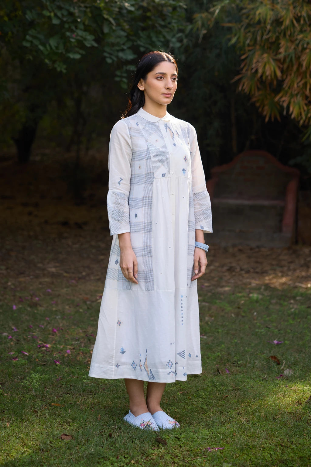 Ziya Dress — White patchwork Jamdani dress with peter collar — side view | Sarron