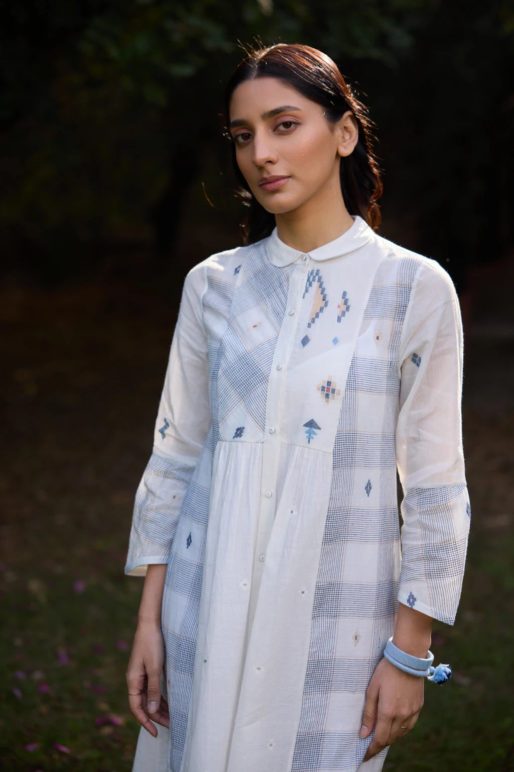 Ziya Dress — White patchwork Jamdani dress with peter collar — detail view | Sarron