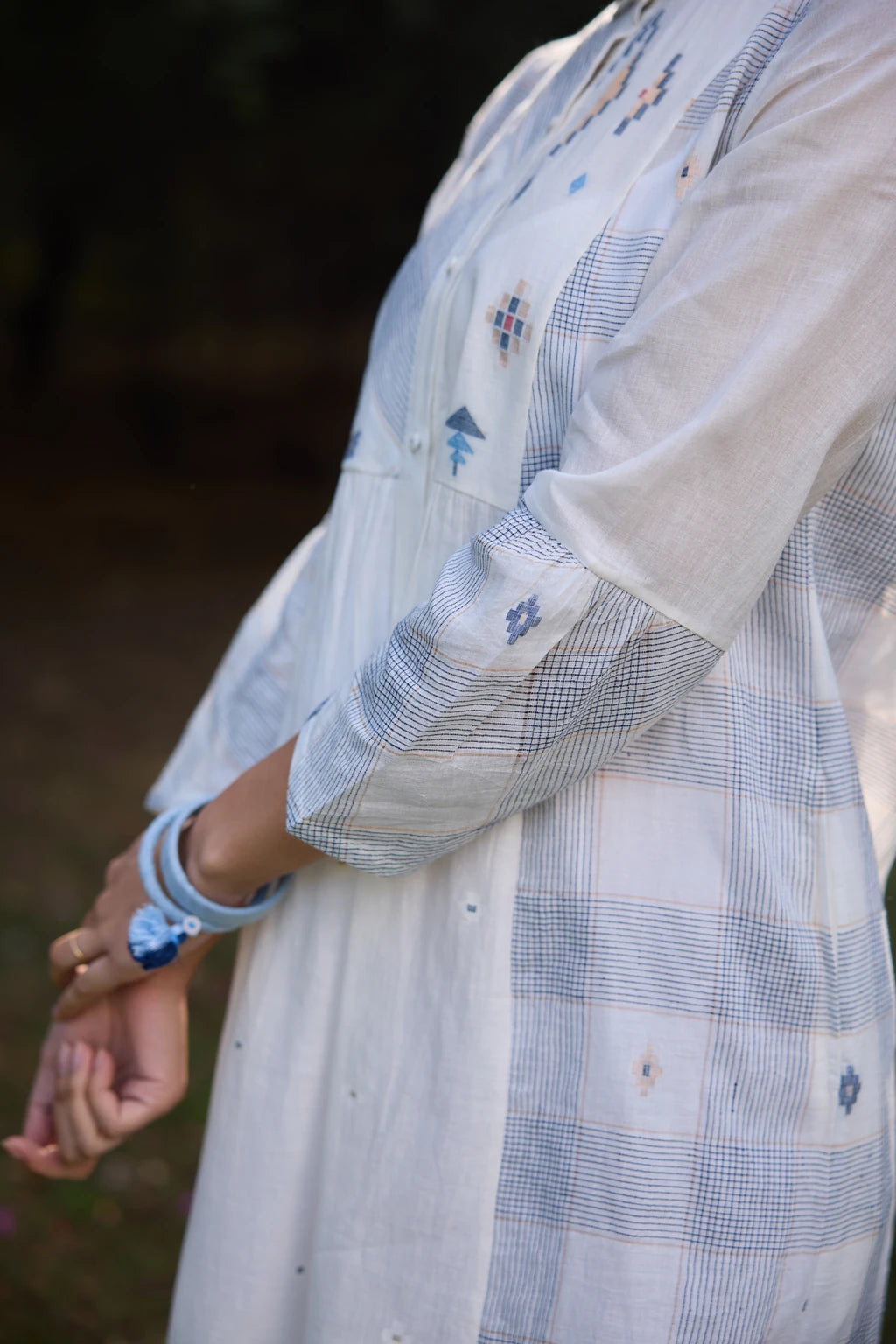 Ziya Dress — White patchwork Jamdani dress with peter collar — full length | Sarron