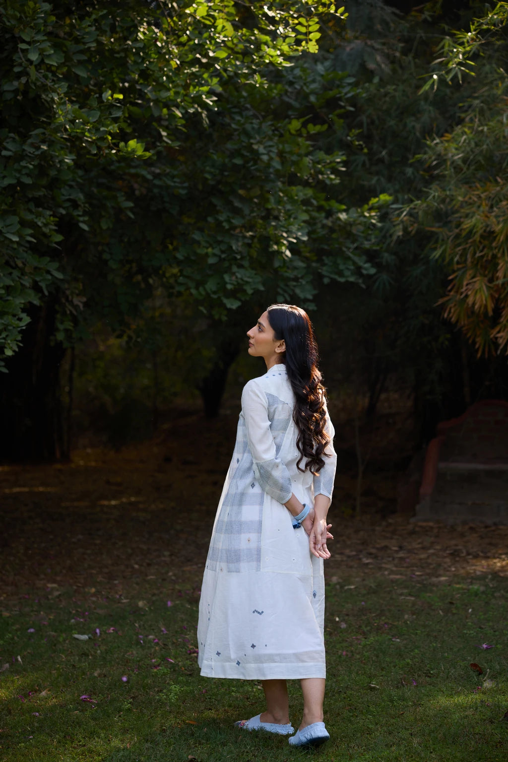 Ziya Dress — White patchwork Jamdani dress with peter collar — alternate angle | Sarron