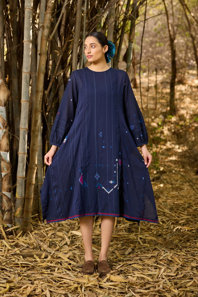 Adva Dress — Navy Blue Handloom Cotton Jamdani Dress | Sarron