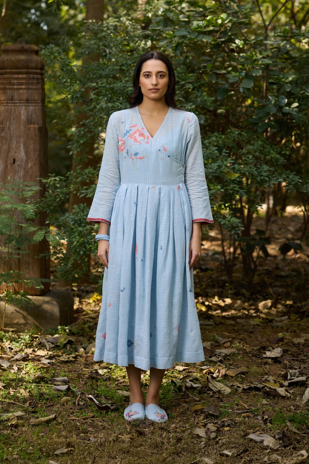 Akasa Dress — Powder blue check Jamdani dress — front view | Sarron