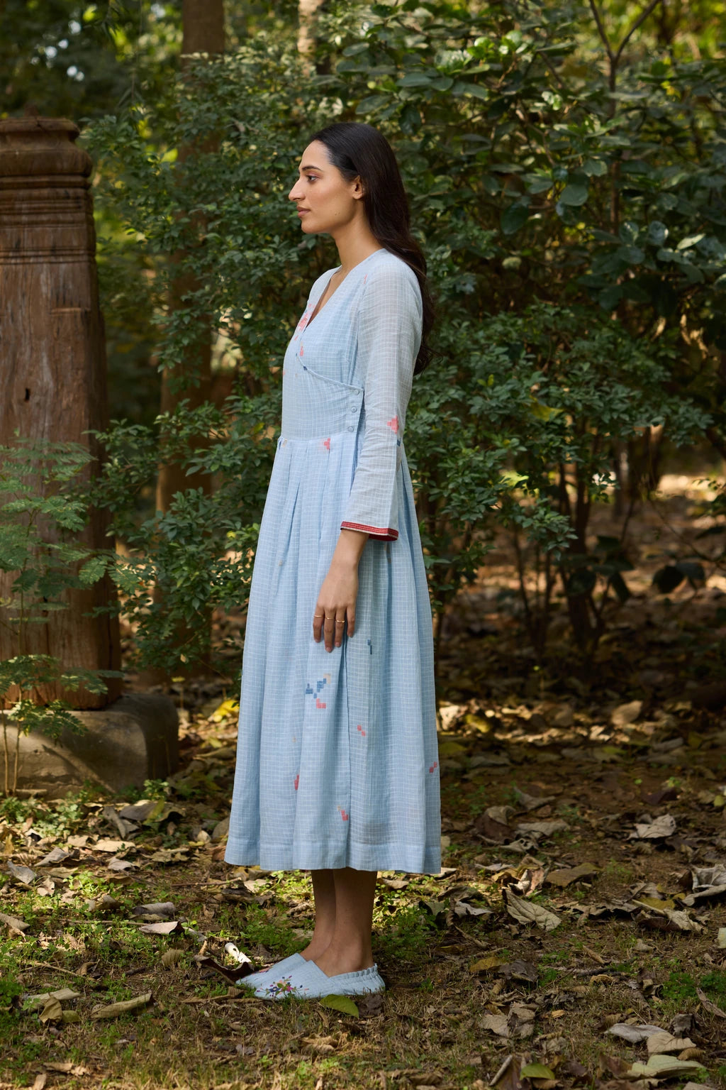 Akasa Dress — Powder blue check Jamdani dress — side view | Sarron