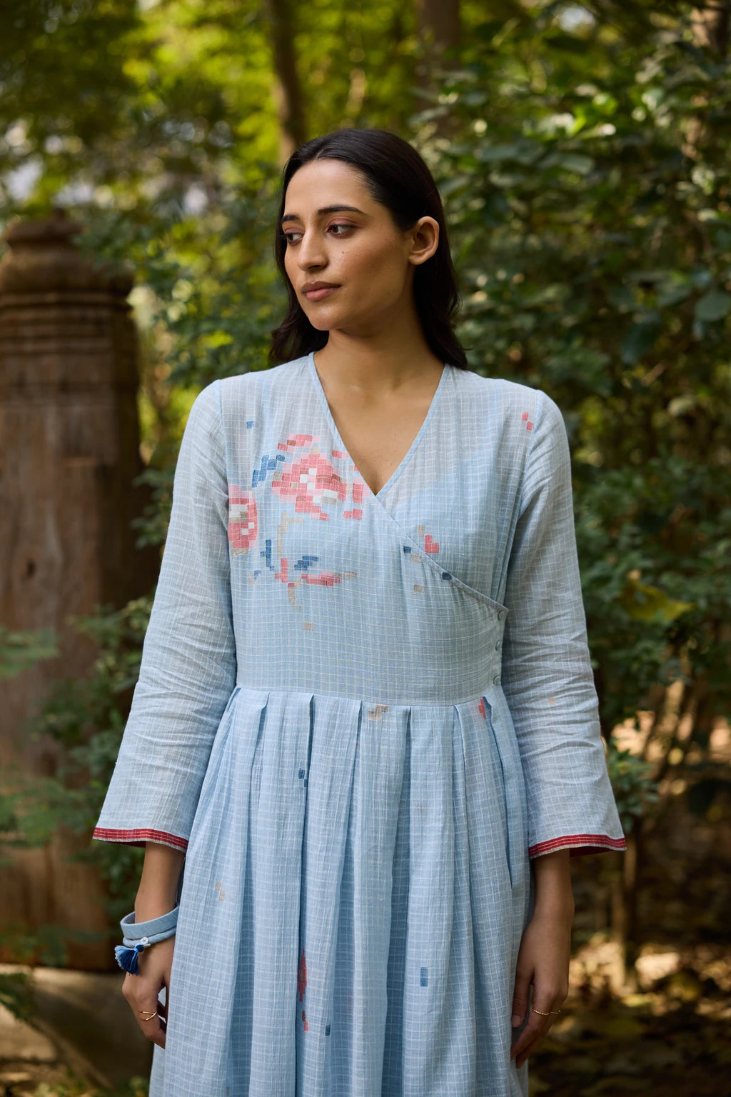Akasa Dress — Powder blue check Jamdani dress — close-up | Sarron