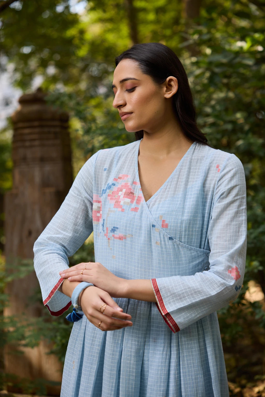 Akasa Dress — Powder blue check Jamdani dress — full length | Sarron